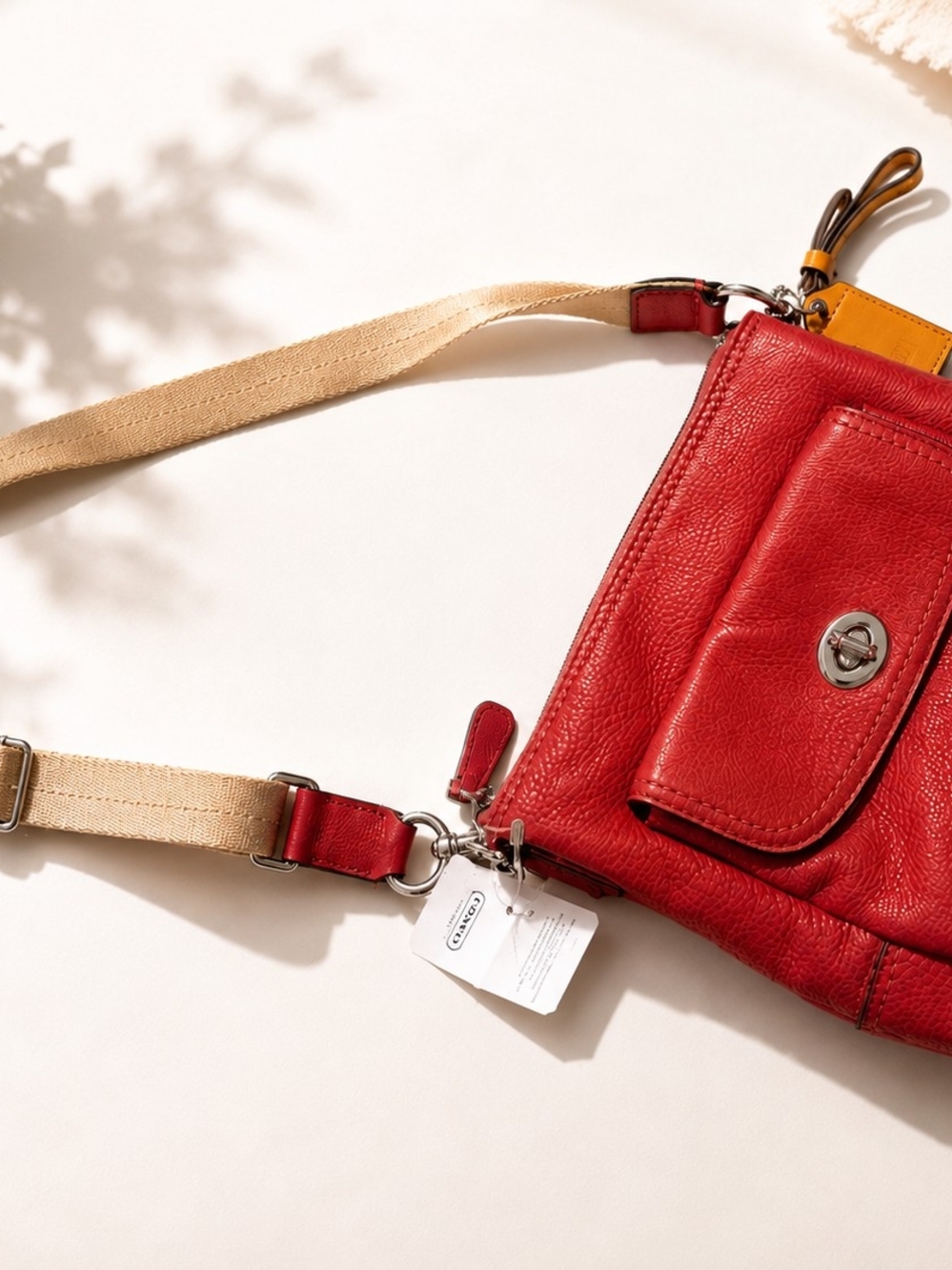 Coach Red Leather Crossbody with Beige Adjustable Strap